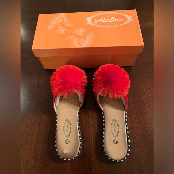 Atalina Red Pom Pom Open Toe Sandals Size 7.5 - Picture 2 of 4